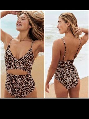 aerie Leopard-Print Cutout One-Piece Swimsuit in Tan and Black